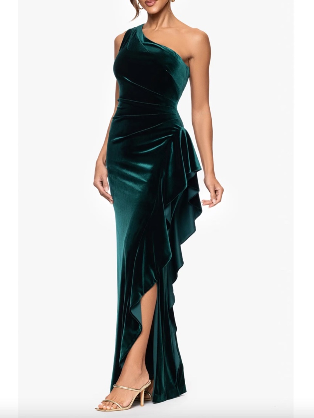 NEW XSCAPE Hunter Green ONE SHOULDER Ruched RUFFLE SIDE Stretch VELVET GOWN 6 - Picture 8 of 12